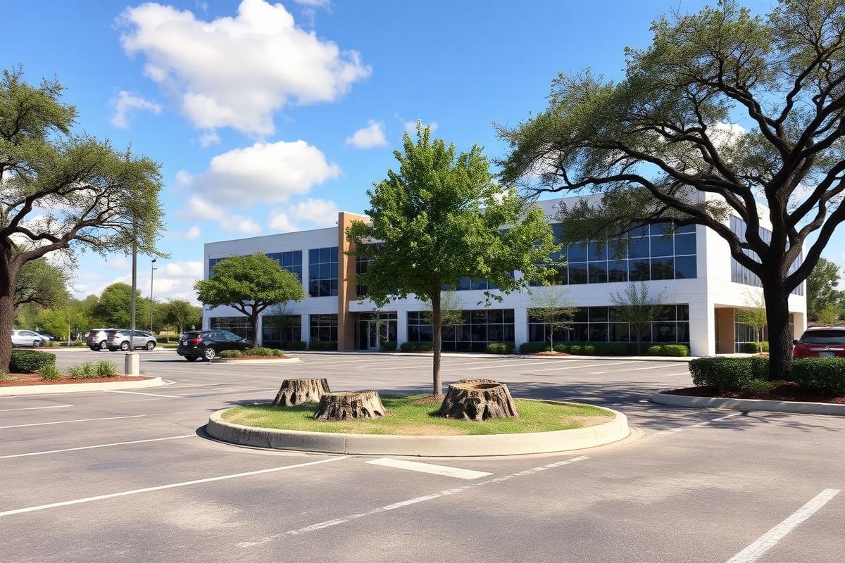 Commercial office property in San Antonio with tree stumps in a parking lot island