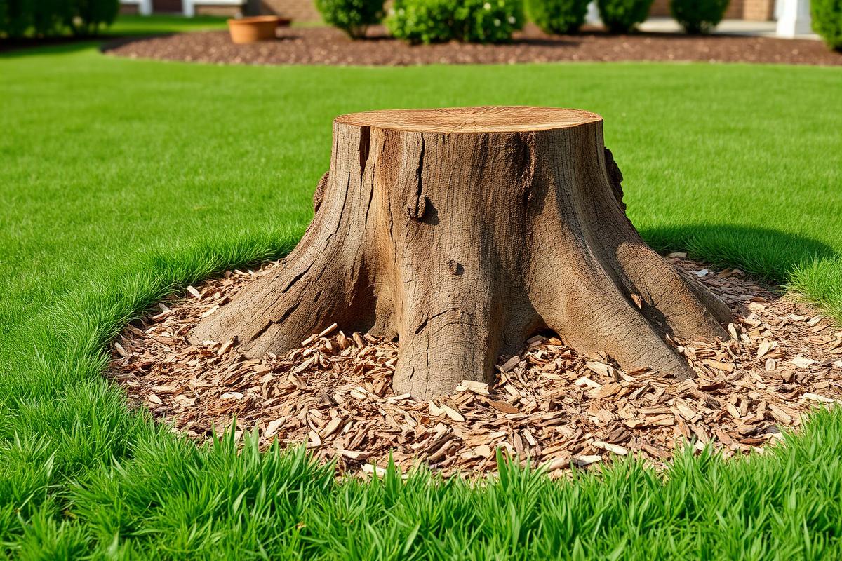 Tree stump surrounded by fresh wood chips in a green residential lawn